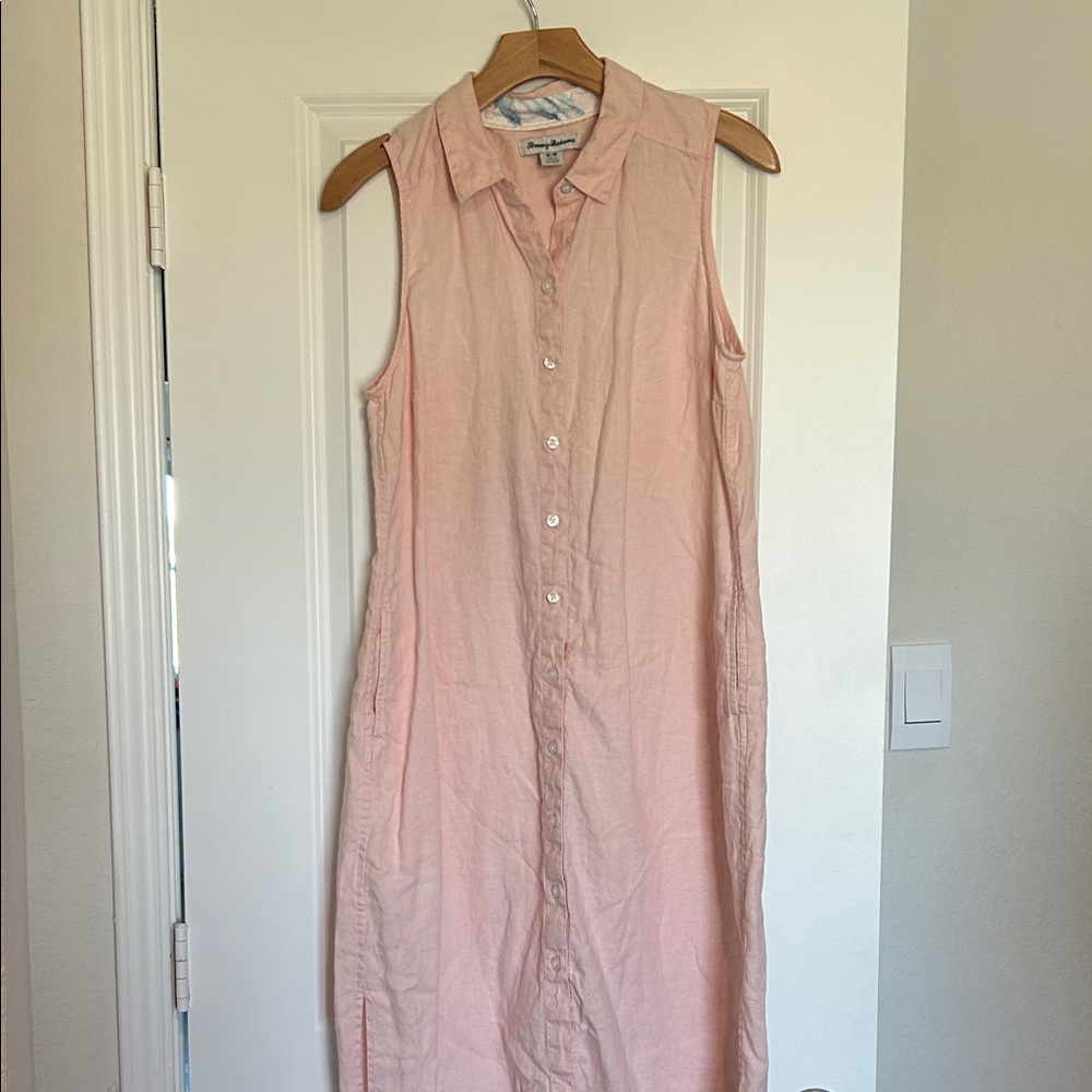 Sleeveless Linen Button-Front Shirt Dress Pale Pink Medium